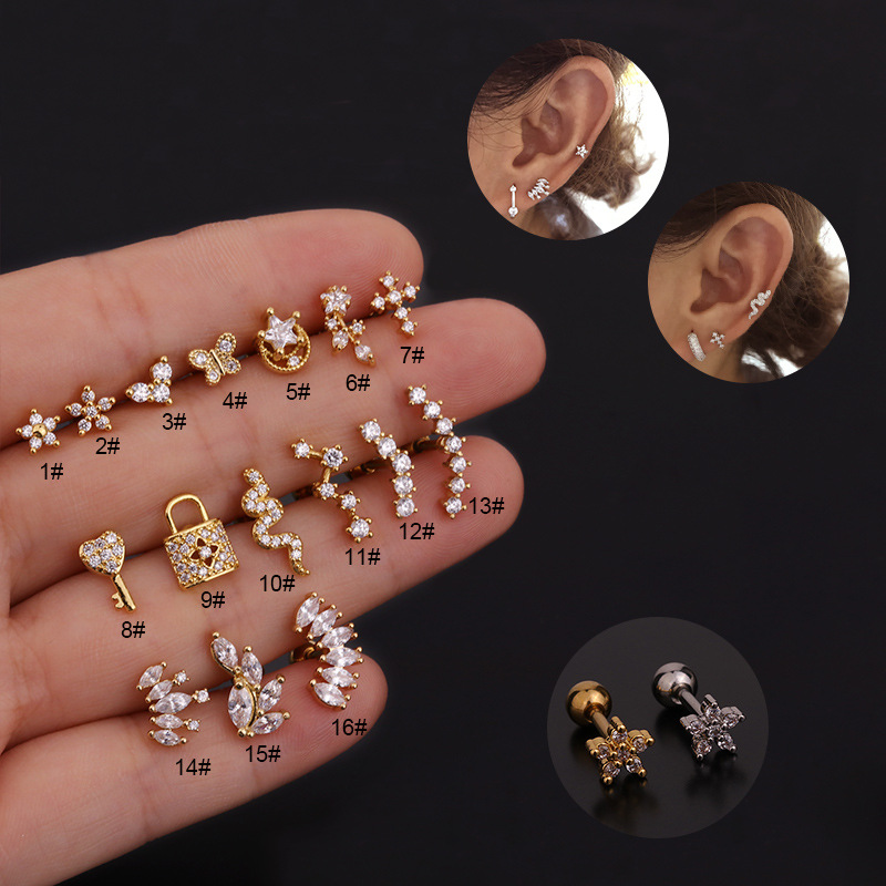 Body Jewelry Hypoallergenic - 16G Stainless Steel Floral/Snake/Star/Butterfly CZ Earrings