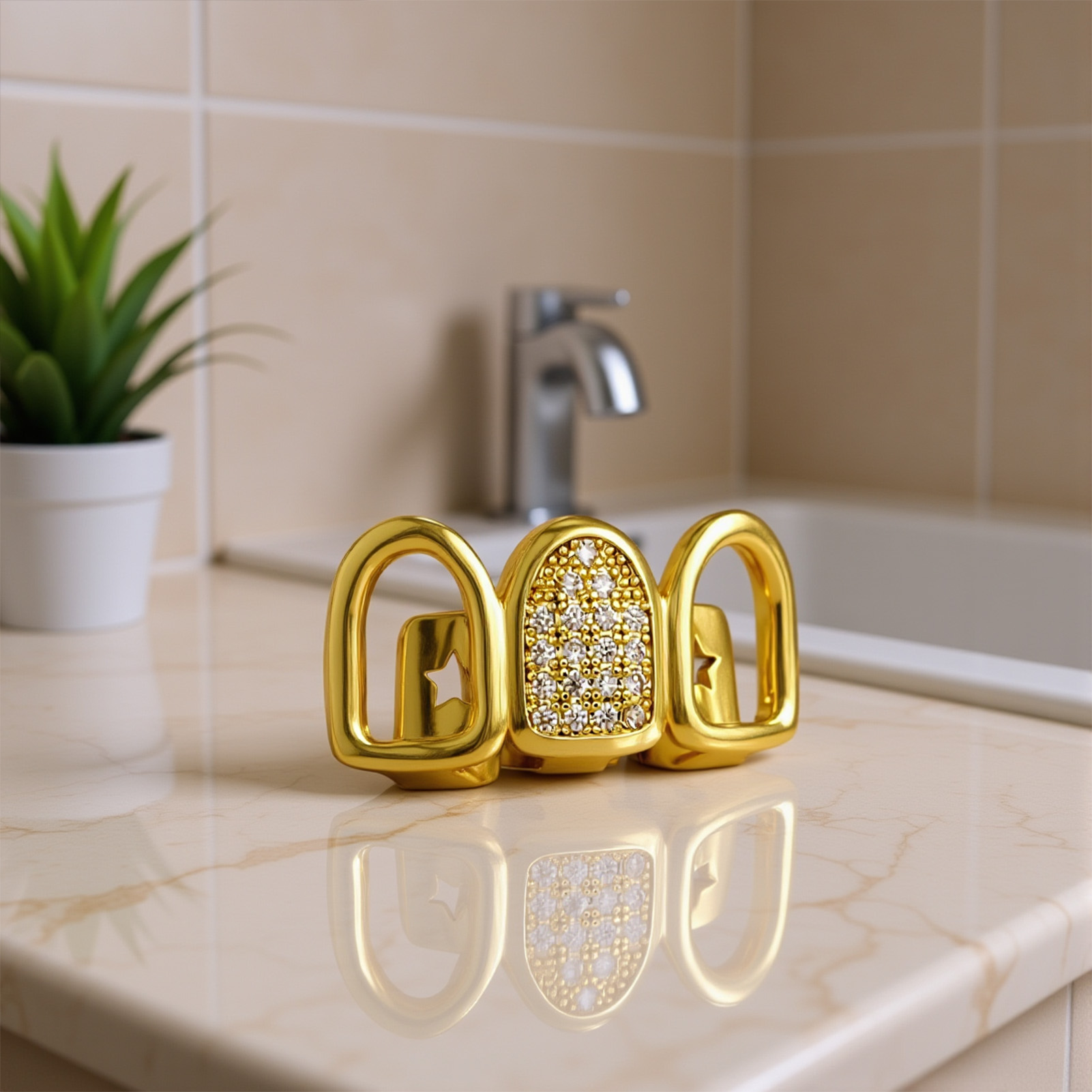 Body Jewelry And Piercing - Rhinestone Teeth Cover Gold Plated Hollow