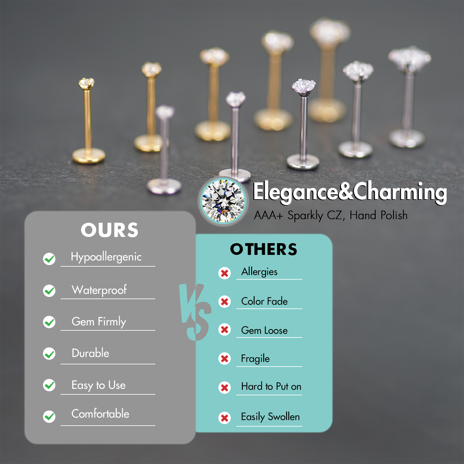 5Pcs Threadless Push In Ear No - مراجعة Body Jewelry Threadless وسعره